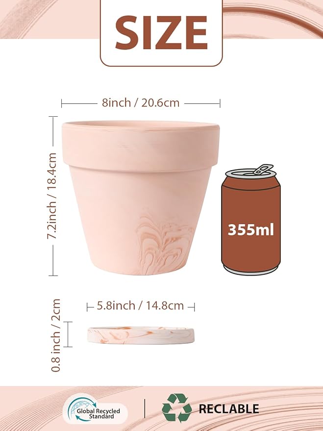 INGOFIN Terracotta Plant Pots 8 Inch Set of 2, Red White Clay Flower Pots with Drainage Holes & Tray Saucers, Breathable Garden Planters for Indoor Outdoor, Succulent, Cactus, Herbs