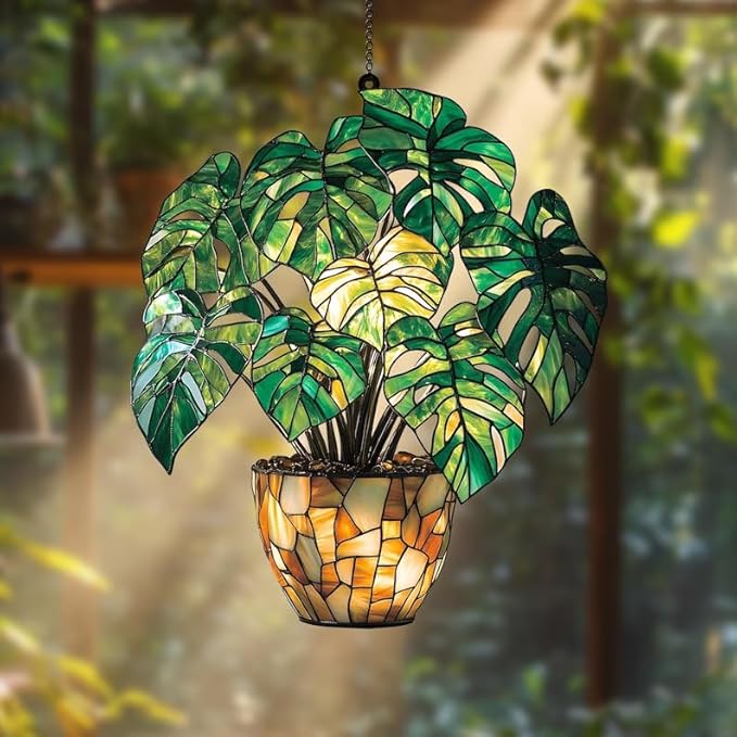 Monstera LeavesChristmas Ornament Colorful Acrylic Suncatcher Stained Glass Effect Window Hanging for Book Lover Bookish Decor Gift for Women mom Grandma