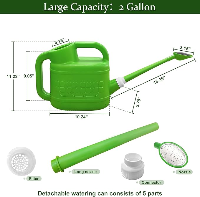 Qilebi 2 Gallon Watering Can for Outdoor Plants, Plant Watering Cans with Removable Long Spout and Stainless Steel Sprinkler Head, Large Plastic Watering Can for Garden Flowers Plants Light Green