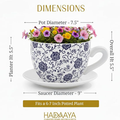 7.5" Ceramic Teacup Planter Pot with Saucer | Ideal for Succulents, Orchids, Herbs & Flowers | Indoor Use| Thoughtful Gift for Birthday, Gift Basket, Sympathy & More – White Blue Floral Teacup Planter
