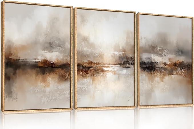 Large Abstract Brown Framed Canvas Wall Art,Neutral Brush Stroke Wall Decor,Modern Beige Gray Painting,Minimalist Textured Artwork for Living Room,Bedroom,Dining Room,Office -24"x36"x3