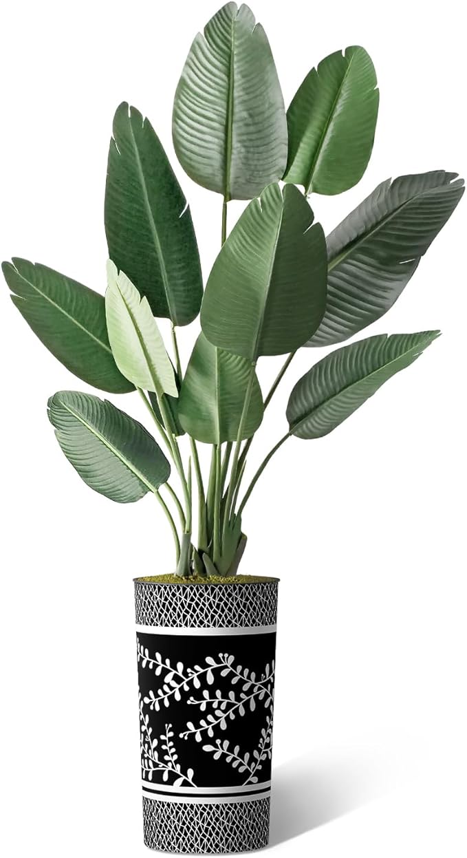 Artificial Tree in Elegant Black Floral Planter, Fake Bird of Paradise Silk Tree for Indoor and Outdoor Home Decoration - 67" Overall Tall (Plant Pot Plus Tree)