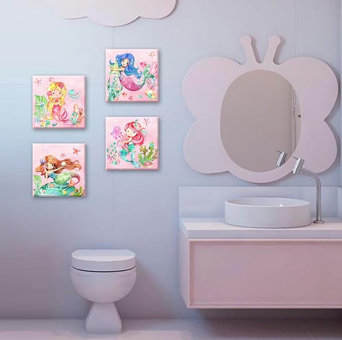 BLINFEIRU Mermaid Canvas Wall Art Set of 4, Cute Pink Watercolor Mermaid Pictures for Girls Room Bathroom Wall Decor, Modern Home Bedroom Nursery Decorations, Framed Artwork 12x12 Inch