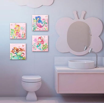 BLINFEIRU Mermaid Canvas Wall Art Set of 4, Cute Pink Watercolor Mermaid Pictures for Girls Room Bathroom Wall Decor, Modern Home Bedroom Nursery Decorations, Framed Artwork 12x12 Inch
