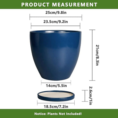 10 Inch Plant Pot - Ceramic Planter with Drainage Hole and Saucer, Modern Flower Pot, Round Planters for Indoor Plants, Home Patio Bathroom Porch Garden Living Room Decor, Blue