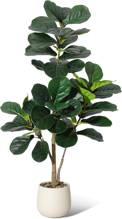 4 ft Fiddle Leaf Fig Tree Artificial with 48 Leaves - Realistic Faux Ficus Lyrata Trees in 7.8 in White Planter Pot, Indoor Fake Floor Plants for Home Office Living Room Decor, Housewarming Gift