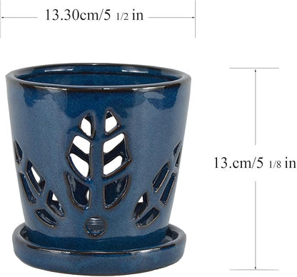 W&W Orchid Pot with Holes and Saucer for Repotting, Blue, 5.5 Inches