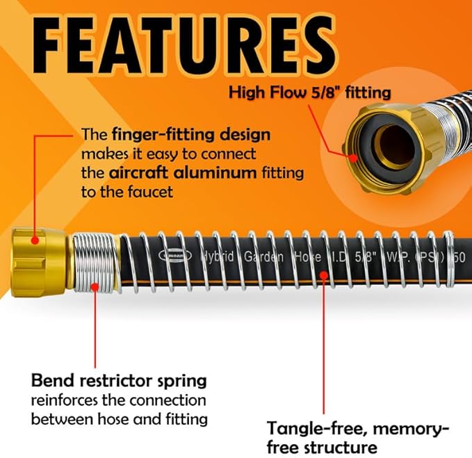 5/8 in. × 22 ft. Flexible Hybrid Garden Hose, High Flow 5/8" I.D. No Memory Durable Lightweight Water Hose for Watering, Irrigation, Water Transfer Pump