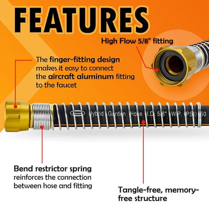 5/8 in. × 22 ft. Flexible Hybrid Garden Hose, High Flow 5/8" I.D. No Memory Durable Lightweight Water Hose for Watering, Irrigation, Water Transfer Pump