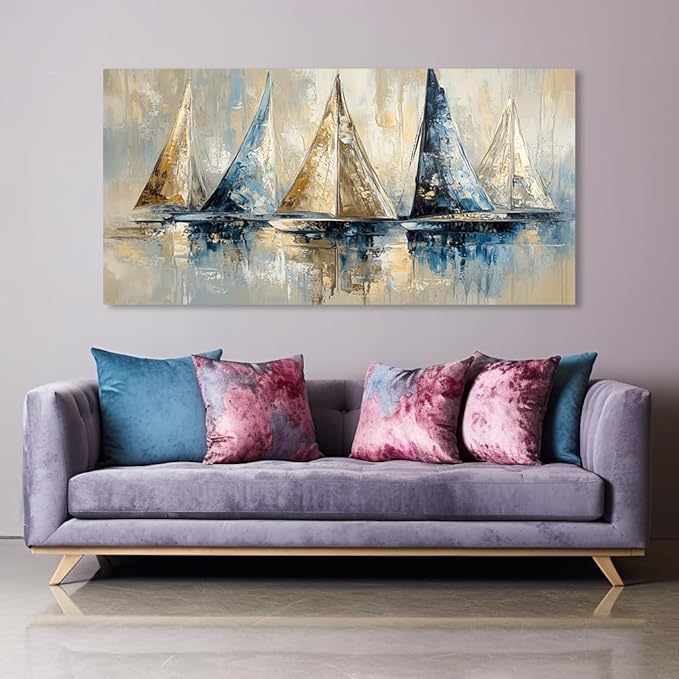 Blue Wall Art Sailboat Canvas Painting Ocean Sailboat Prints Sailing Ship Canvas Artwork Modern Coastal Blue Abstract Wall Art for Living Room Bedroom Office Boys Bedroom Wall Décor Ready to Hang (24x48 Inches)