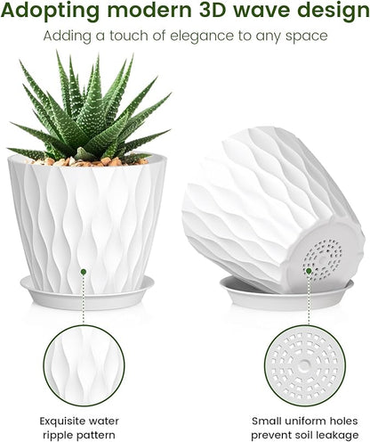 5 inch Plant Pots for Indoor Outdoor Plants, 6 Pack Thick Nursery Pots with Drainage Holes and Saucers, 3D Modern Wave Texture Small Plastic Planter Flower Pots, Multicolor