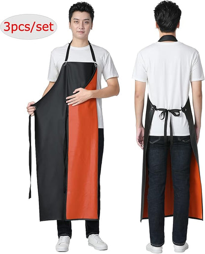 Waterproof Rubber Apron - Chemical Resistant Apron with Adjustable ties for Dishwashing,Kitchen,Cleaning-Blackred*3pcs
