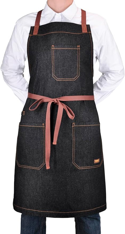 Professional Apron with Pockets, Mens Womens Chef Kitchen Bib Black Denim Apron for Cooking Grill BBQ Server, with Cross Back Straps and Towel Loop
