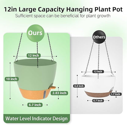 ZMTECH 12 Inch Hanging Planters for Indoor Outdoor Plants, 2 Pack Self Watering Hanging Plant Pots with Drainage Hole, Visual Reservoir, Plastic Flower Hanging Pots with Watering Lip (Green)