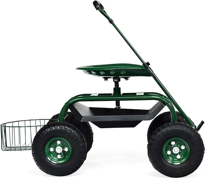 Goplus Rolling Garden Cart with Seat, Outdoor Garden Stool with Wheels, Tool Tray & Basket, Adjustable Steering Handle, 360 Degree Swivel Seat for Planting, Gardening Scooter for Lawn, Yard, Patio