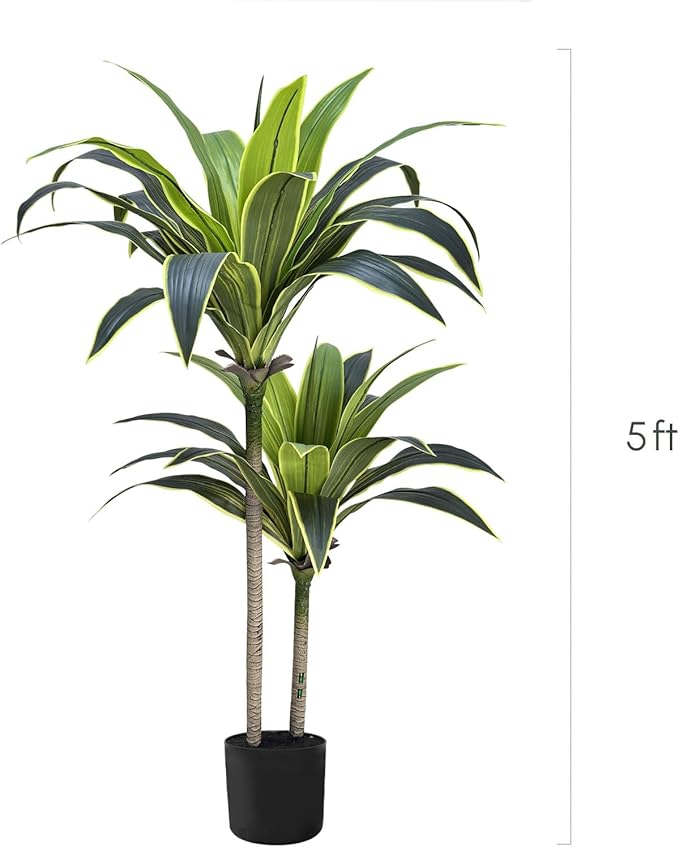 Artificial Dracaena Tree 5ft - Faux Tree Nearly Natural Indoor Outdoor, UV-Resistant Tall Artificial Plants, Standing Fake Plant Tree, Large Fakeplant for Home Office Living Room Decor
