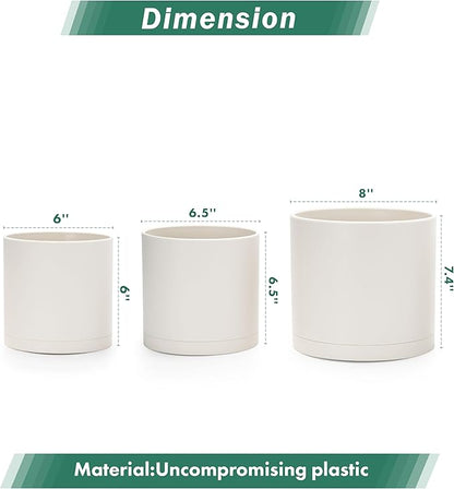 D'vine Dev 6 Inch 6.5 Inch 8 Inch, Set of 3 Plastic Planter Pots for Plants with Drainage Hole and Seamless Saucers, Oatmeal, Medium, 74-V-H-3