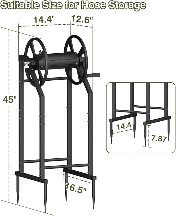 4-Spike Garden Hose Reel with 3.9ft Leader Hose & Stainless Fitting, Outdoor Hose Holder holds 125ft Hose of 5/8", Freestanding Metal Hose Stand for Outside Yard Lawn, Black