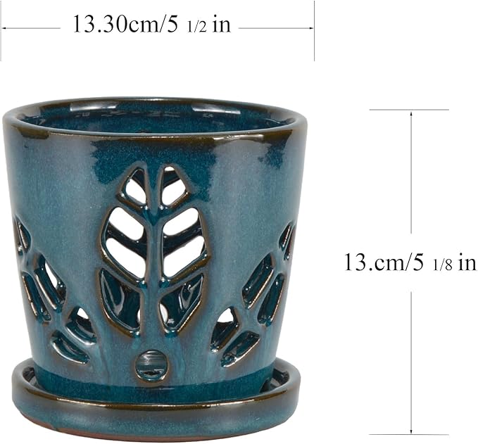 W&W Orchid Pot with Holes and Saucer for Repotting, Teal, 5.5 Inches