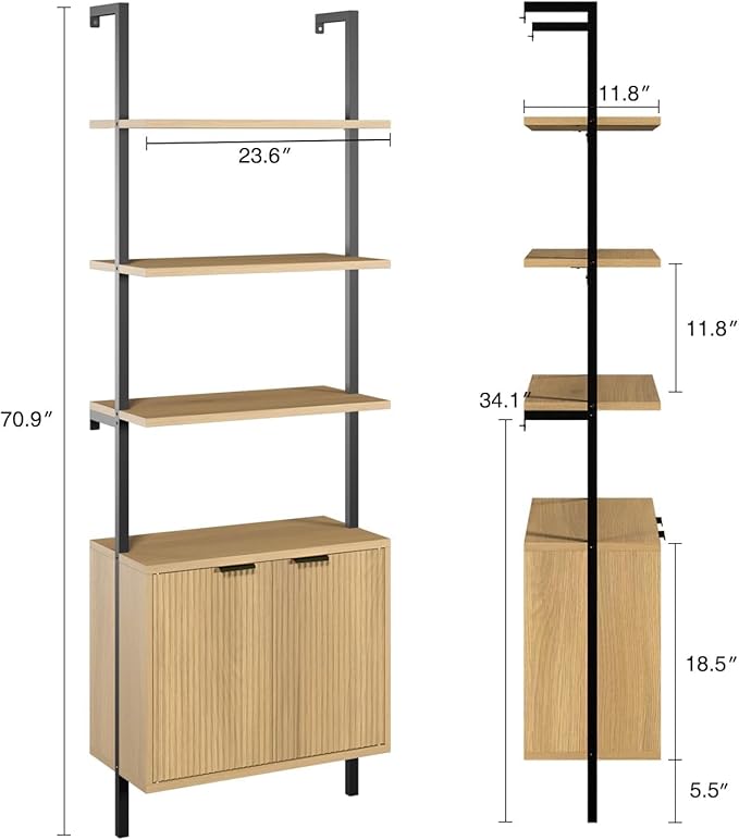 Ladder Bookshelf with Cabinet, 71" Tall Wall Bookshlef with Shelves & Storage, Fluted Ladder Shelf with Metal Frame, 6-Tier bookcase Shelf for Living Room, Home & Office, Bedroom, Natural & Black
