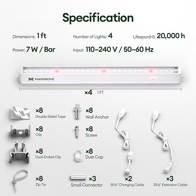 Grow Lights for Indoor Plants 1FT, Red-Enhanced Full Spectrum 5000K Grow Light, 28W(4 x 7W), T5 LED Grow Light Strips for Leafy Greens and Vegetables, High PPFD, Linkable, White, 4-Pack