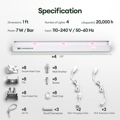 Grow Lights for Indoor Plants 1FT, Red-Enhanced Full Spectrum 5000K Grow Light, 28W(4 x 7W), T5 LED Grow Light Strips for Leafy Greens and Vegetables, High PPFD, Linkable, White, 4-Pack