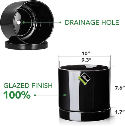 Aveyas 10 inch Ceramic Plant Pot with Drainage Hole and Saucer - Suitable for Indoor and Outdoor Use, Modern Planters for House Garden Flower Tree Snake Monstera Plants (10", Glossy Black)