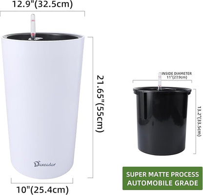 Dexceder 22x13 Tall Self Watering Planter High Cylinder Indoor Outdoor, Thickened Large Floor Standing Flower Plant Pot with Water Level Indicator (White Matte)