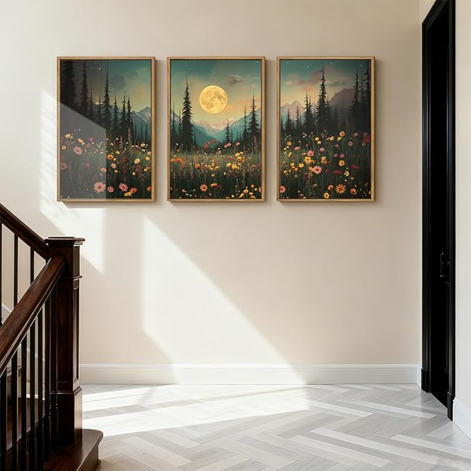 ANHUIB Large Wildflower Wall Art Mountain Floral Wall Decor Pine Tree Paintings Set of 3 for Living Room Bedroom Dining Room 16x24 Inch