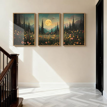 ANHUIB Large Wildflower Wall Art Mountain Floral Wall Decor Pine Tree Paintings Set of 3 for Living Room Bedroom Dining Room 16x24 Inch