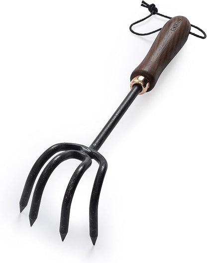 Barebones Cultivator - Weed Remover Tool - Garden Rake and Weeding Tool for Yard Work - Stainless Steel Cultivator for Raking Soil (Walnut/Black)