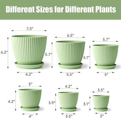 BTPLASTIK Multi-Size Planters - 7.5/6.5/5.5/4.9/4.2/3.5 Inches Plant Pots with Drainage Holes and Saucers, Plastic Flower Pots for Indoor Outdoor Plants (Green)
