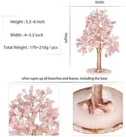 Natural Healing Crystal Tree of Prosperity Wire Wrapped on Agate Base Money Tree Bonsai Tree Home Office Decoration for Good Luck, Rose Quartz