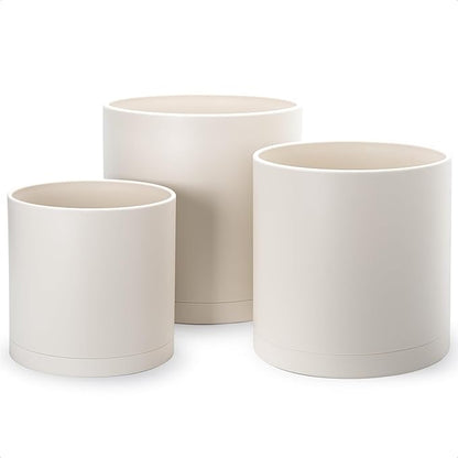 D'vine Dev 10 Inch 12 Inch 14 Inch, Set of 3 Plastic Planter Pots for Plants with Drainage Hole and Seamless Saucers, Oatmeal, XX-Large, 74-V-H-6