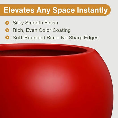 9.7" H x 12" D Globo Fiberstone Round Planter with Drainage Hole, Smooth Finishes, Weather Resistant for Indoor and Outdoor Use, Included 2 Extra Coco Mats (Red, 7.8" Pot Opening)