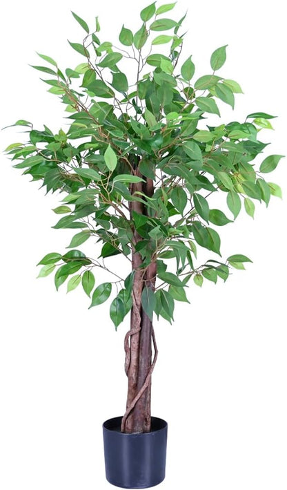 4ft Decorative Fake Ficus Tree Indoor, Artificial Trees Indoor for Home Decor, Potted Faux Tree Plant with Realistic Silk Leaves, Natural Triple Wood Trunk for Outdoor, Office