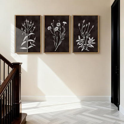 Extra Large Black and White Floral Wall Art Framed Botanical Wall Decor 3 Pieces for Bathroom Living Room Bedroom 24x36 Inch