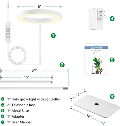 One Head Grow Light for Indoor Plants Full Spectrum - Floor Standing Plant Lamp with Auto Timer 6/12/18H, 5-Level Dimmable & Adjustable Height 16.5-68in for Large Tall Plants | White