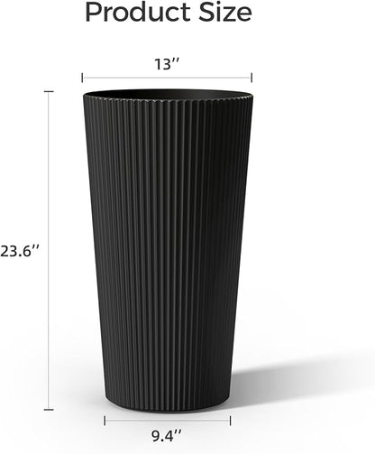 23.6" Tall Outdoor Planters, Set of 2 Large Plastic Flower Pots for Indoor & Outdoor Use, Modern Striped Decorative Garden Planters with Drainage Holes for Patio, Porch, Balcony, Black
