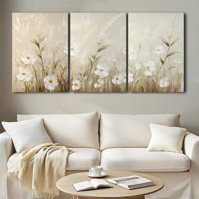 sawjug Wildflower Canvas Wall Art, Wildflower Wall Art, Neutral Pictures Wall Decor, Botanical Nature Artwork for Bedroom, Living Room (12" x 18" x 3 pcs)