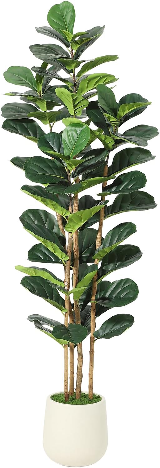 6ft Faux Fiddle Leaf Fig Tree with White Planter, Floor Fake Plants, Realistic Artificial Plants for Home Office Living Room Decor, Housewarming Gift