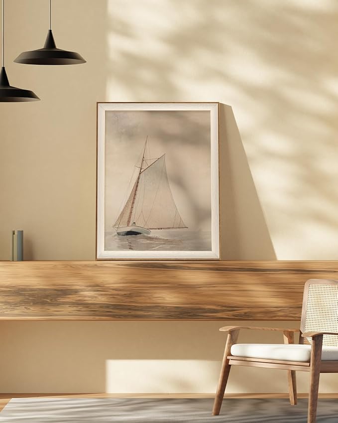 InSimSea Framed Canvas Wall Art of Large Coastal Sailboat - Classical Art for Living Room and Bedroom, White Sailboat Sea Painting, Home Decor Artwork 16x20In