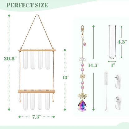 Hanging Propagation Stations with Crystal Suncatchers Glass Wall Planters for Indoor Plants Hydroponics, 2 Tiered Wooden Stand Mini Test Tube Flower Vase Glass Planter Stations for Home Decor (Beige)