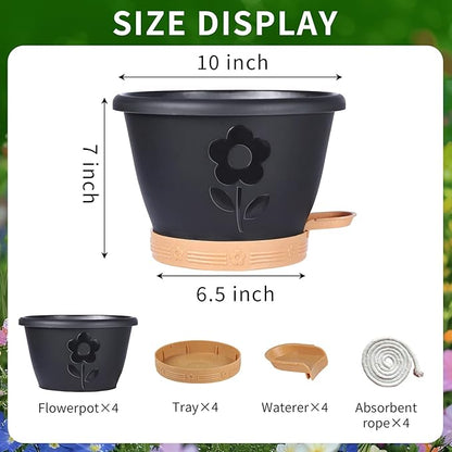 Plant Pots, Flower Pots for Indoor/Outdoor Plants, Self Watering Plastic Planters Pots with Drainage Holes, Saucer & Reservoir, Decorative Nursery Planting Pots(10 Inch Set of 4) (Black)