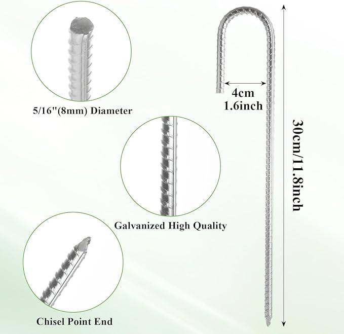 MIVIDE 30 Pack 12inch Galvanized Rebar Stakes J Hook, Heavy Duty J Hook Ground Anchors, Curved Steel Support Garden Stake with Chisel Point end for Fence Stakes, Canopies, Sheds, Swing Sets