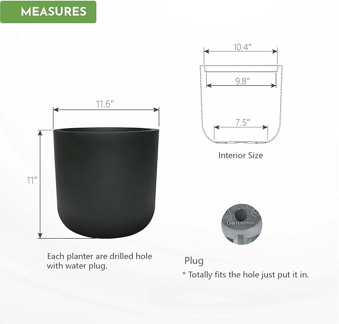 11 Inch Modern Cylinder Planters for Outdoor Indoor Plants, Plastic Pots for Plants with Drainage Hole and Rubber Plug, Plant Pots Indoor for Home Garden Patio Office, Cylinder Flower Pot, Coal Black