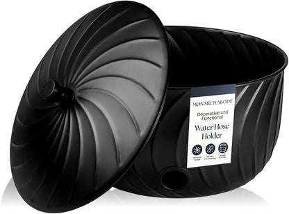 Monarch Abode Garden Hose Holder with Lid – Decorative Water Hose Holders for Outside, Wave Embossed Metal Matte Black Pot with Drainage, 100ft Waterhose Holder for Outside, Garden Storage Caddy