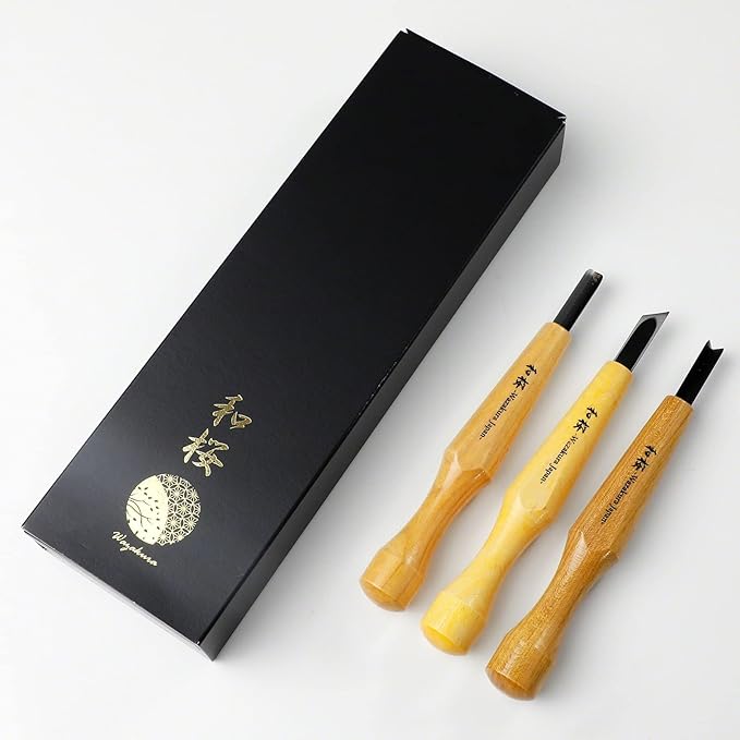 Wazakura 3PCS Bonsai Chisel Kit with Round Gouge, Single Bevel Skewed and V-Parting Tool, Hand Carving Tool Set for Jin Shari Making, Woodworking Knife Pack (3PCS Bonsai Chisel Kit)