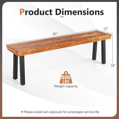 COSTWAY Set of 2 Outdoor Acacia Wood Benches, 2-3 People Backless Garden Benches with Metal Frame for Patio, Deck, Yard and Entryway