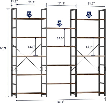 NUMENN Triple Wide 5 Tier Bookshelf, Rustic Industrial Style Bookcases with 14 Open Display Shelves, Modern Tall Bookcase Furniture for Bedroom, Living Room and Home Office, Vintage